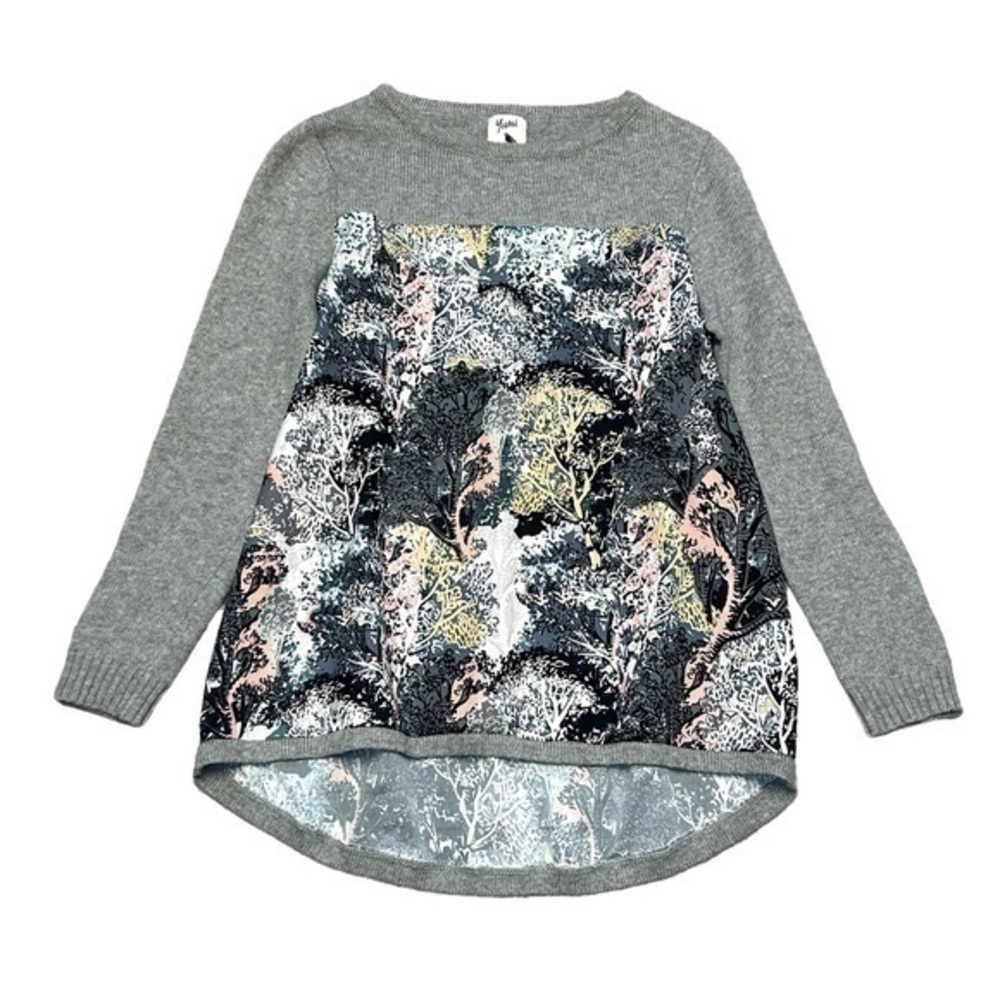 WOMENS YUMI TAPERED SWEATER BLOUSE WITH COLORFUL PRINT, SIZE 4